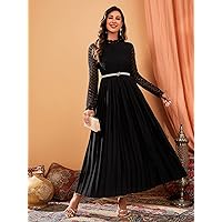 Women's Dress Dresses for Women Contrast Guipure Lace Pleated Hem Dress Dresses for Women (Color : Black, Size : X-Large)