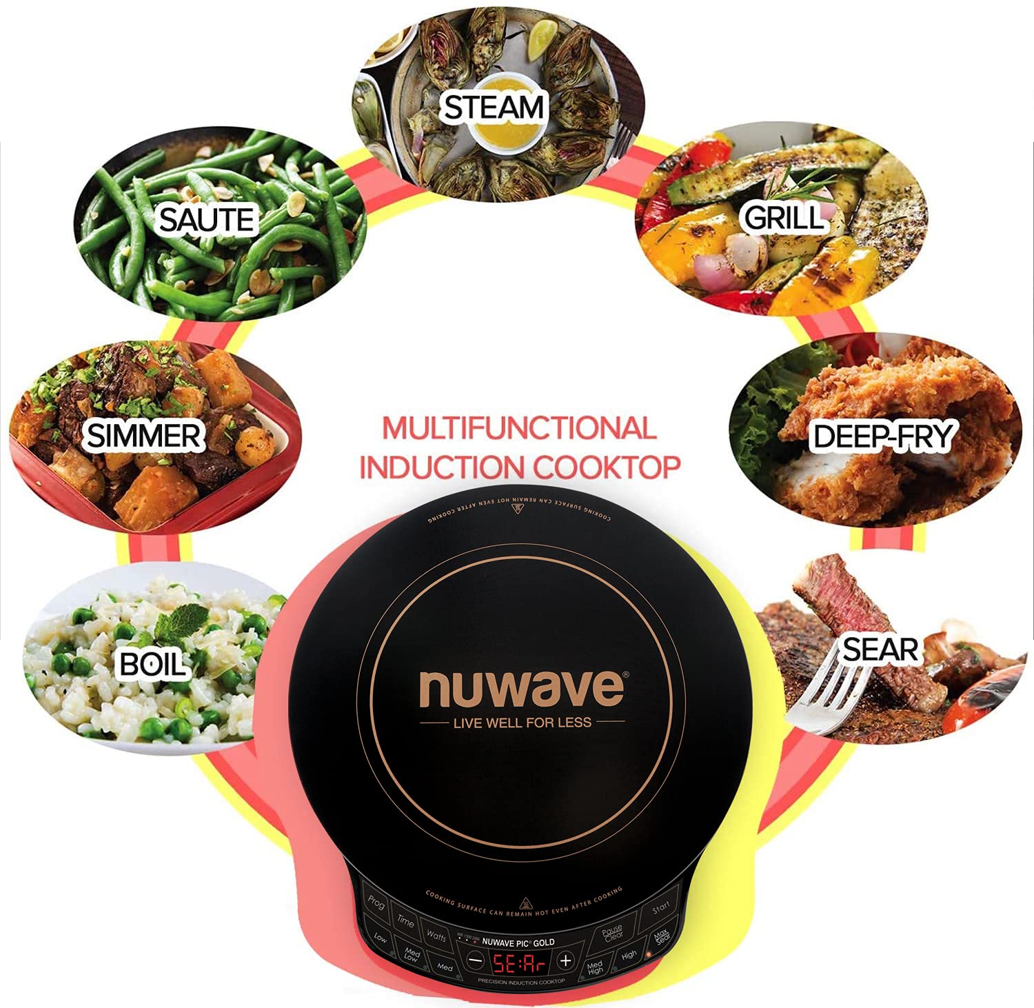 Nuwave Gold Precision Induction Cooktop, Portable, Powerful with Large 8” Heating Coil,100°F to 575°F, 3 Wattage Settings, 12” Heat-Resistant Cooking Surface