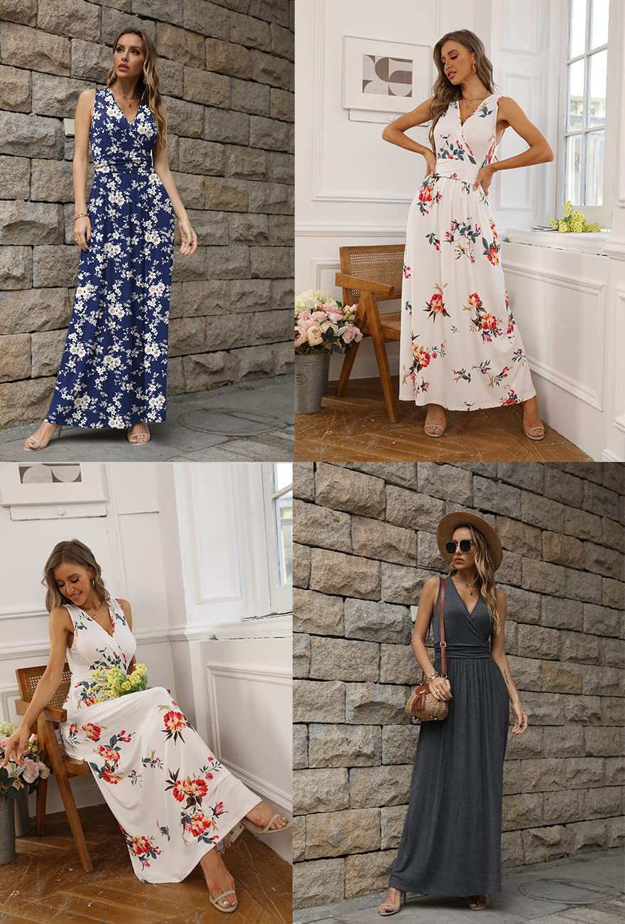 CATHY Women's Casual Sleeveless Deep V-Neck Long Dress Beach Waist Maxi Dresses with Pockets