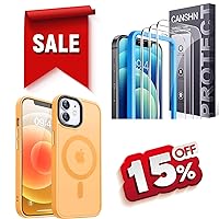 CANSHN Magnetic Case for iPhone 12 and iPhone 12 Pro Orange + 3 Pack Screen Protector for iPhone 12 and iPhone 12 Pro Tempered Glass with Easy Installation Frame - 6.1 Inch