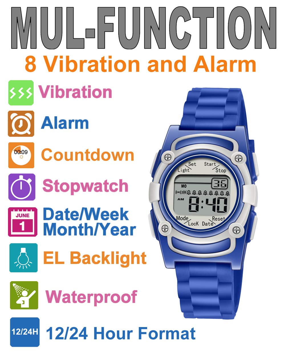 T TICCI Kids Digital 8 Alarm Vibrating Watch Medication Reminder Potty Urinary Training Vibration Pill Alert Vibra Medical Reminder for Children