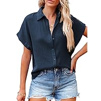 Dokotoo Casual V Neck Button Down Shirts for Women Solid Short Sleeve Blouse Tops