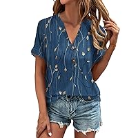 Fathers Day Peplum Pretty Shirts for Women Loungewear Short Sleeve Printed V Neck Tunic Ladies Polyester Blue S