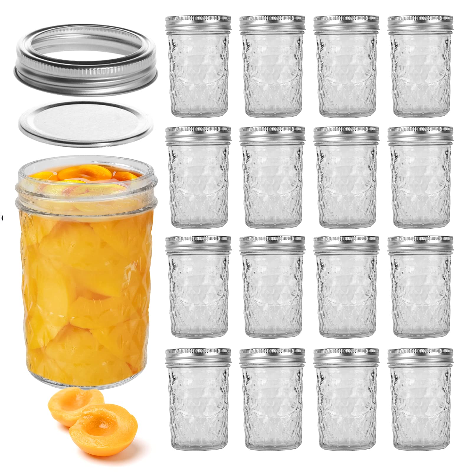 LEQEE Mason Jars 8 oz 16 PACK Mini Canning Jars with Silver Lids and Bands Regular Mouth Jelly Jar for Jam, Honey, Wedding Favors, Shower Favors, B...