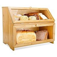 Double Layer Large Bread Box for Kitchen Counter, Wooden Large Capacity Bread Storage Bin (Natural Bamboo)