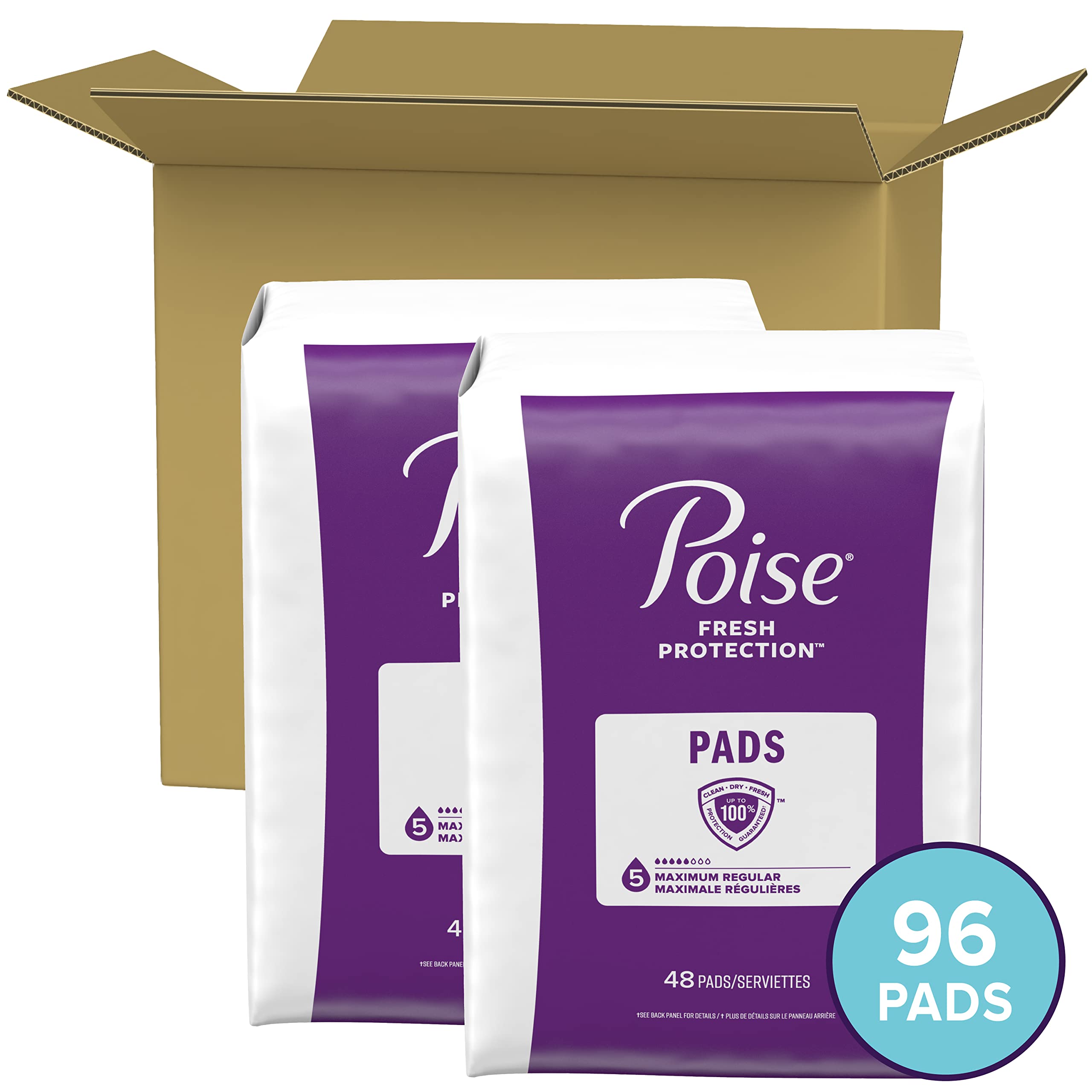 Poise Incontinence Pads & Postpartum Incontinence Pads, 5 Drop Maximum Absorbency, Regular Length, 96 Count, Packaging May Vary