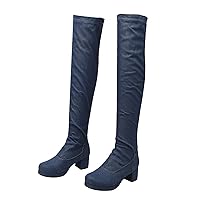 Women's Denim Long Boots Thigh High Chunky Heel Over The Knee Jeans Boots Stylish Mid Heels Back Zip Shoes Dark Blue, Size 11.5
