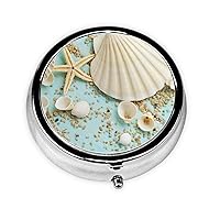 Round Pill Box Case for Purse Pocket, Beach Seashells Pill Box 3 Compartment Travel Portable Metal Medicine Tablet Multifunctional Pill Case Holder for Vitamins Fish Oil Organizer Unique Gift