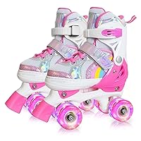 Nattork Girls Roller Skates for Kids Toddler, 4 Sizes Adjustable Rainbow Quad Skates with Light up Wheels,Best Gift for Kids Beginners