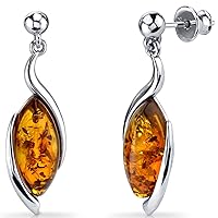 PEORA Genuine Baltic Amber Pendant Necklace, Earrings and Bracelet in Sterling Silver, Floating Marquise Twist Design, Rich Cognac Color