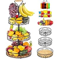 ETECHMART Fruit Basket, Vegetables Countertop Bowl Storage With Banana Hanger, Detachable Bread, Snacks Baskets Holder Large Capacity Fruit Tray (Bamboo&Iron - 3 Tier)