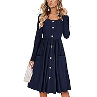 Andongnywell Dresses for Women's Solid Color Long Sleeve Crew Neck Button Down A-Line Casual Dressed with Pockets
