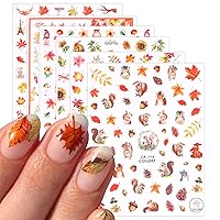 6 Sheets Fall Nail Art Stickers Maple Leaf Nail Decals Cute Squirrel Sunflower Maple Leaves Nails Design 3D Self-Adhesive Autumn Nail Art Supplies Thanksgiving Manicure Decorations for Women Girls