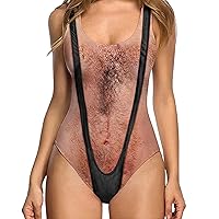 Women's Chest Hair Funny Print One Piece Swimsuits 2024 Summer Beach Monokini Holiday Vacation Modest Bathing Suits