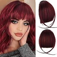 Clip on Wispy Bangs-Real Human Hair Clip in Bangs Hairpieces Wine Red Fake Air Bangs Fringe with Temples Bangs Hair Clip Extensions