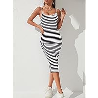 Dresses for Women Women's Dress Striped Bodycon Dress Dresses (Color : Black and White, Size : XX-Small)