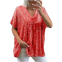 Sequin Tops for Women Loose Fit Tunic Tops V Neck Tops Sexy Casual Short Sleeve Summer Shirts 2024 Trendy Dressy Blouses