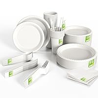 Compostable Disposable Plates Set, 400pcs Compostable Plates and Utensils Disposable Dinnerware Set for Party, Natural Cornstarch Biodegradable Plates Cups Cutlery and Napkins Paper Straws