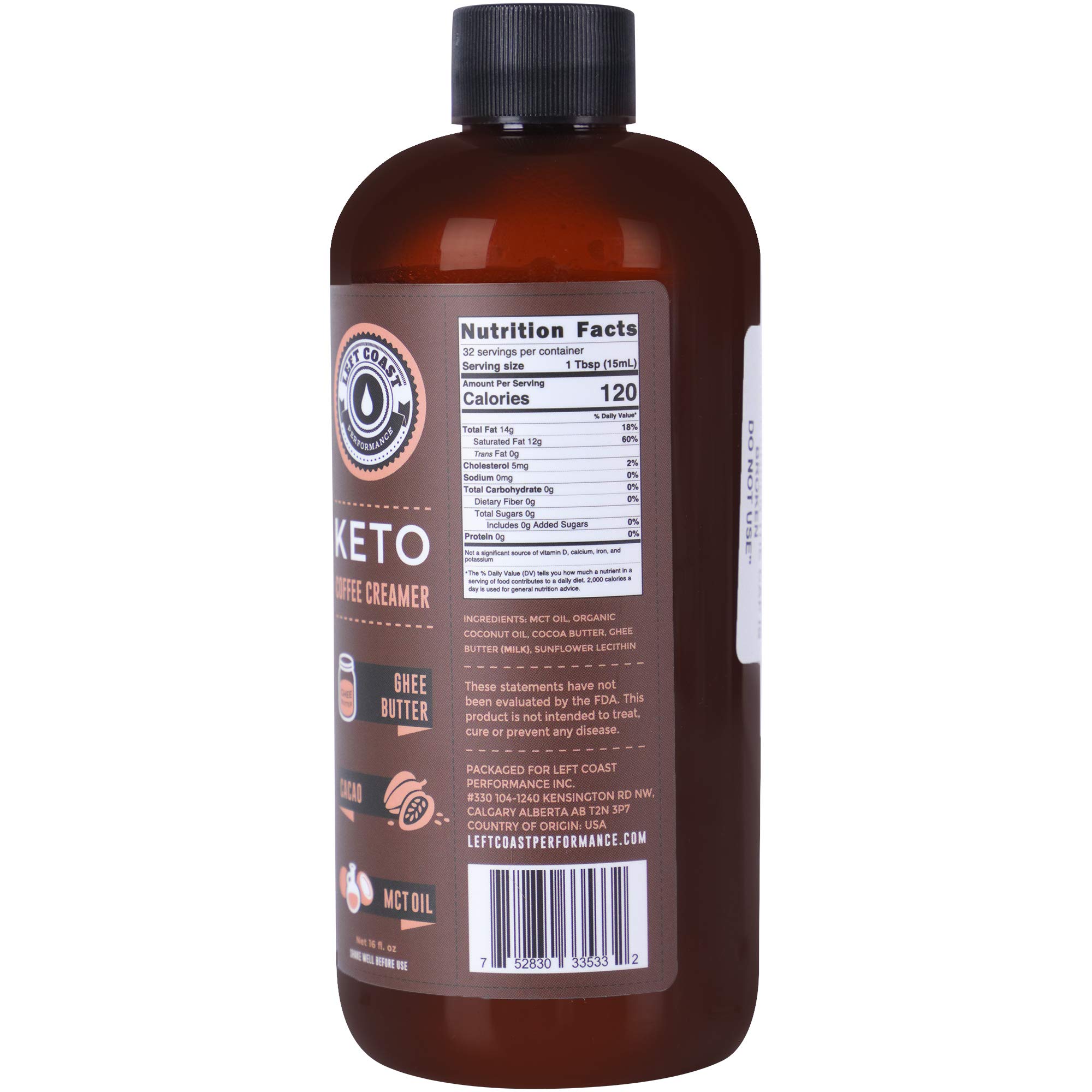 Keto Coffee Creamer with MCT Oil, Ghee Butter, Cocoa Butter, 16oz / 32 Servings. Must Blended. No Carb Keto Creamer for Coffee Booster. Unsweetened, Ketogenic, Low Carb by Left Coast Performance