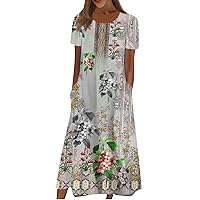 Modern Plus Size Short Sleeve Tunic Dress Ladie's Summer Work Frill Comfort Womens Crewneck Cotton Cosy Print Grey 3XL