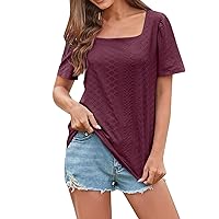 Womens Summer Tops Short Sleeve Square-Cut Collar Tee T Shirts Dressy Casual Loose Fit Shirts Tunic Tops