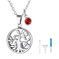 FindChic Personalized Tree of Life Urn Necklaces for Ashes Dainty Round Family Tree Pendant with Birthstone Customized Text Engraved/Photo Stainless Steel/18K Gold Plated Keepsake Cremation Jewelry