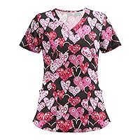 Scrubs Tops for Women Womens Scrub Tops Fashion Printed Work Uniform T-Shirt V Neck Short Sleeve Nurse Tops Tunic Blouse with Pocket Small Red