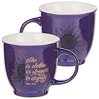 Christian Art Gifts Ceramic Coffee and Tea Mug 14 oz Inspirational Bible Verse Cup for Women: Strength and Dignity - Proverbs 31:25 Lead-Free, Microwave and Dishwasher Safe, Purple Sunflower