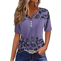V Neck Button Shirts for Women Short Sleeve Plus Size Summer Tops Dressy Casual Printed Graphic tees Blouses