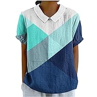 Sweet Peter Pan Collar Blouse Womens Color Block Short Sleeve Keyhole Back Shirts Summer Preppy Casual Tee Tops