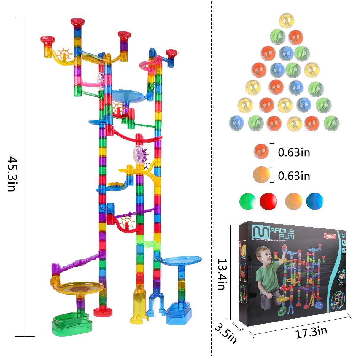 Meland Marble Run Sets for Kids - 153Pcs Marble Race Track Marble Maze Madness Game STEM Building Tower Toy for 4 5 6 + Year Old Boys Girls(113 Pcs + 30 Glass + 10 Led Lighted Marbles)