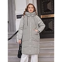 Winter Coat Plus Raglan Sleeve Drawstring Hooded Puffer Coat (Color : Light Grey, Size : XX-Large)