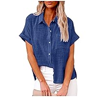 Womens Short Sleeve Button Down Shirt Collared V Neck Blouse Summer Cotton Linen Tops Loose Fit Casual Dressy Clothes