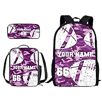 CUSTOM American Football Purple Camo Pattern 3 Pcs Kids BookBag+Lunch Box+Pencil Bag, CUSTOMIZE Your Name and Number School Backpack Set for Boys Girls