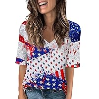 Fourth of July Shirts for Women 2024 Classic Stars and Stripes USA Flag Printed V Neck Short Sleeve T-Shirt