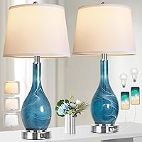 Table Lamps Set of 2, Modern Blue Glass Bedside Lamps with 2 USB Ports, 25