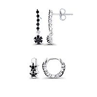 Sterling Silver Two-Tone Round Black Spinel Flower Dangling & Double Star Hoop Earring Set