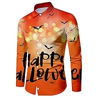 Funny Halloween Shirts for Men Fashion Casual Halloween Pumpkin Pattern Printed Tops Long Sleeved Blouses