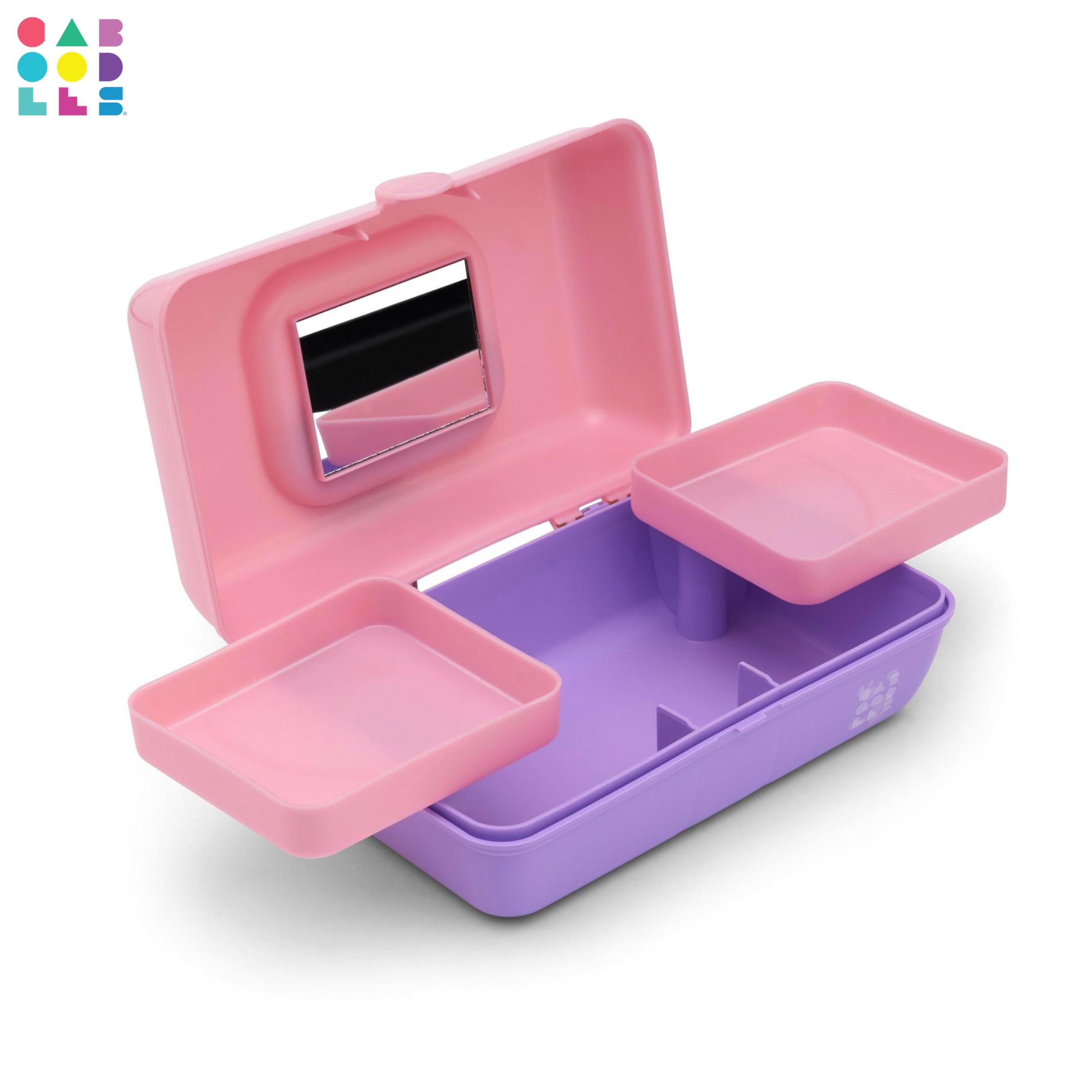 Caboodles Pretty in Petite Makeup Box, Two-Tone Pink on Lavender, Hard Plastic Organizer Box, 2 Swivel Trays, Fashion Mirror, Secure Latch for Safe Travel