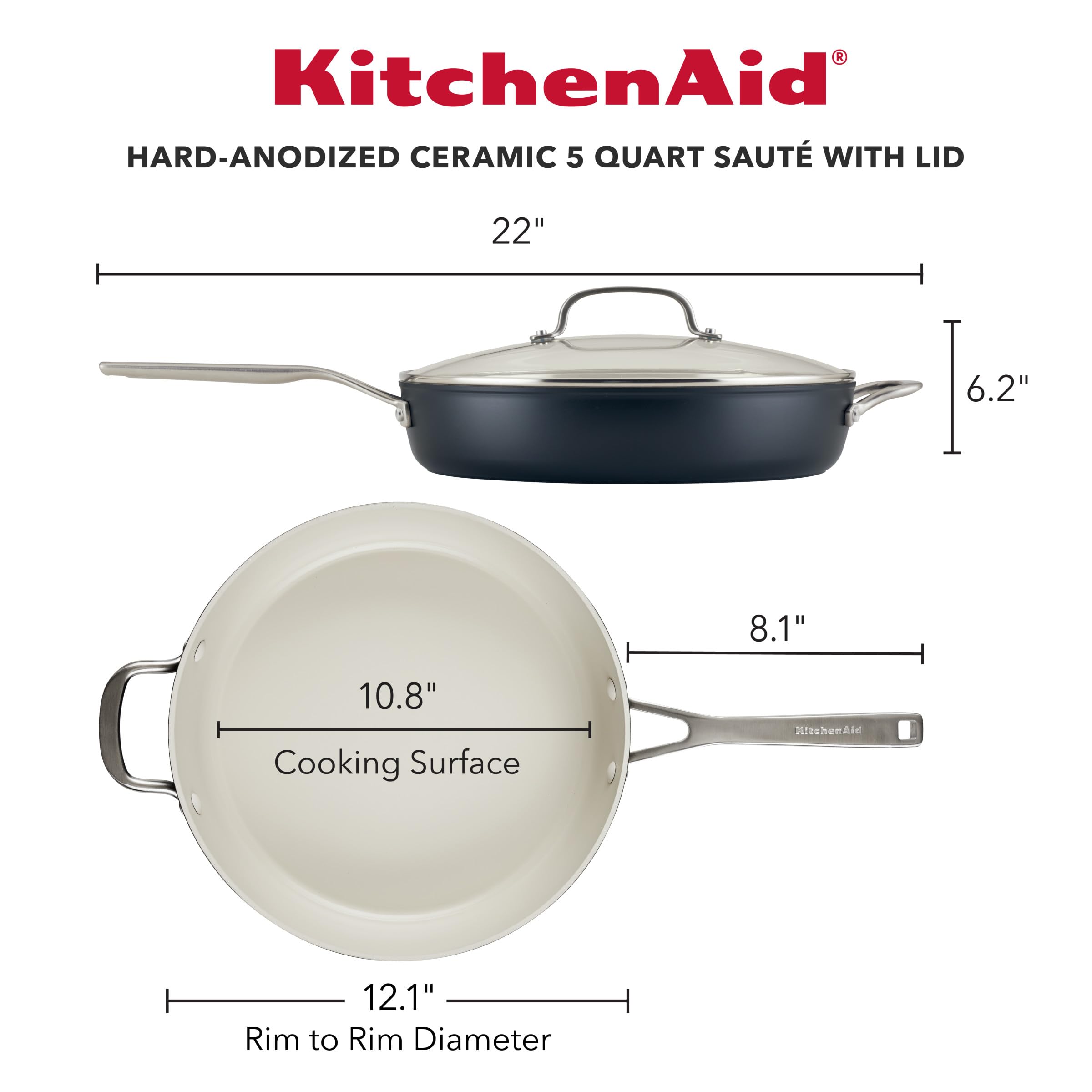 KitchenAid Hard Anodized Ceramic Nonstick Saute Pan with Lid, 5 Quart - Matte Black