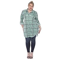 white mark Women's Plus Size Stretchy Windowpane Plaid Tunic Top with Side Pockets and Roll Tab Sleeves