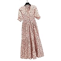 Women's Summer Bohemian Floral Casual Ruffle Puff Sleeve Neck A-Line Pleat Hem Beach Dress