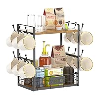 2 Tier Coffee Cup Holder for Countertop, 12 Hooks Coffee Mug Stand Holder Tree with Storage Basket, Vintage Metal Coffee Cup Rack Wall Mounted For K Cup Coffee Bar Kitchen, Black