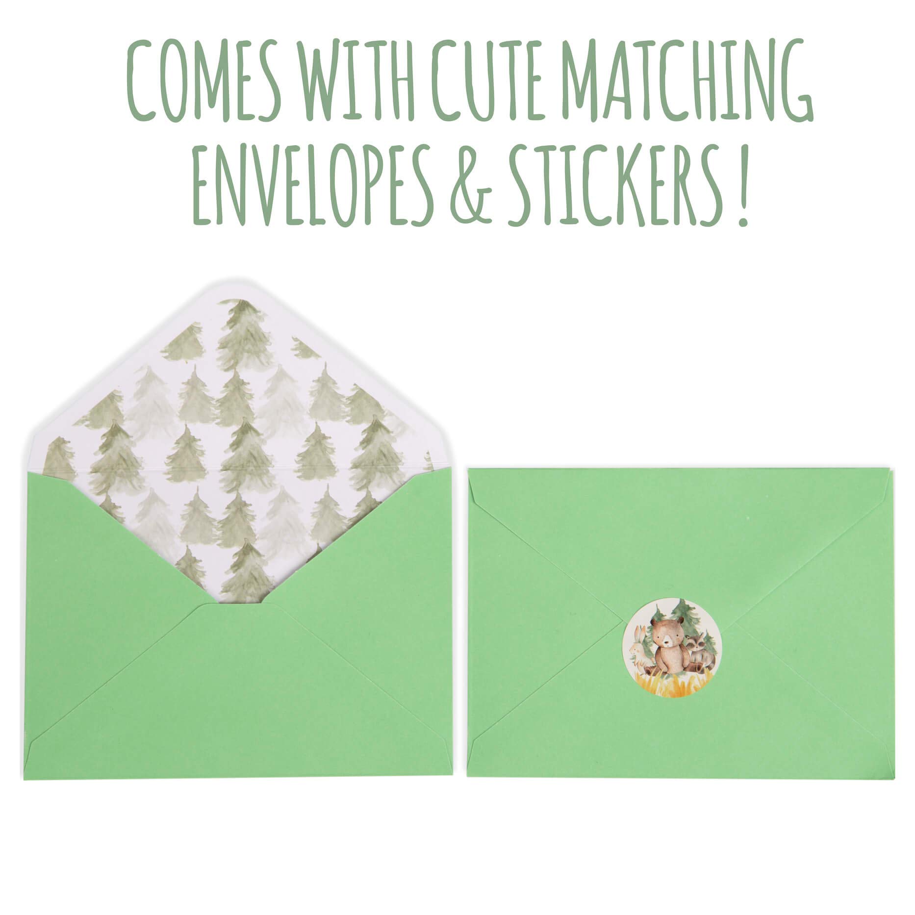 VNS Creations 30 Woodland Thank You Cards | Bulk Forest & Mountain Animals Thank You Notes with Matching Green Envelopes & Stickers | Small & Cute Notecards Perfect for Baby Shower and Kids Birthday.