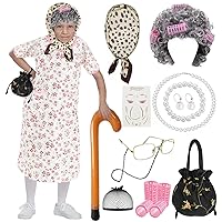 17 Pcs Old Lady Costume for Kids, 100 Days of School Costume Kit Old Person Grandma Dress Up Complete Accessories