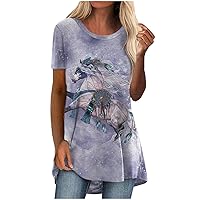 Blouses for Women Dressy Casual,Summer Tunic Printed Loose Plus Size Sexy Top V-Neck Button Short Sleeve Shirt Tees