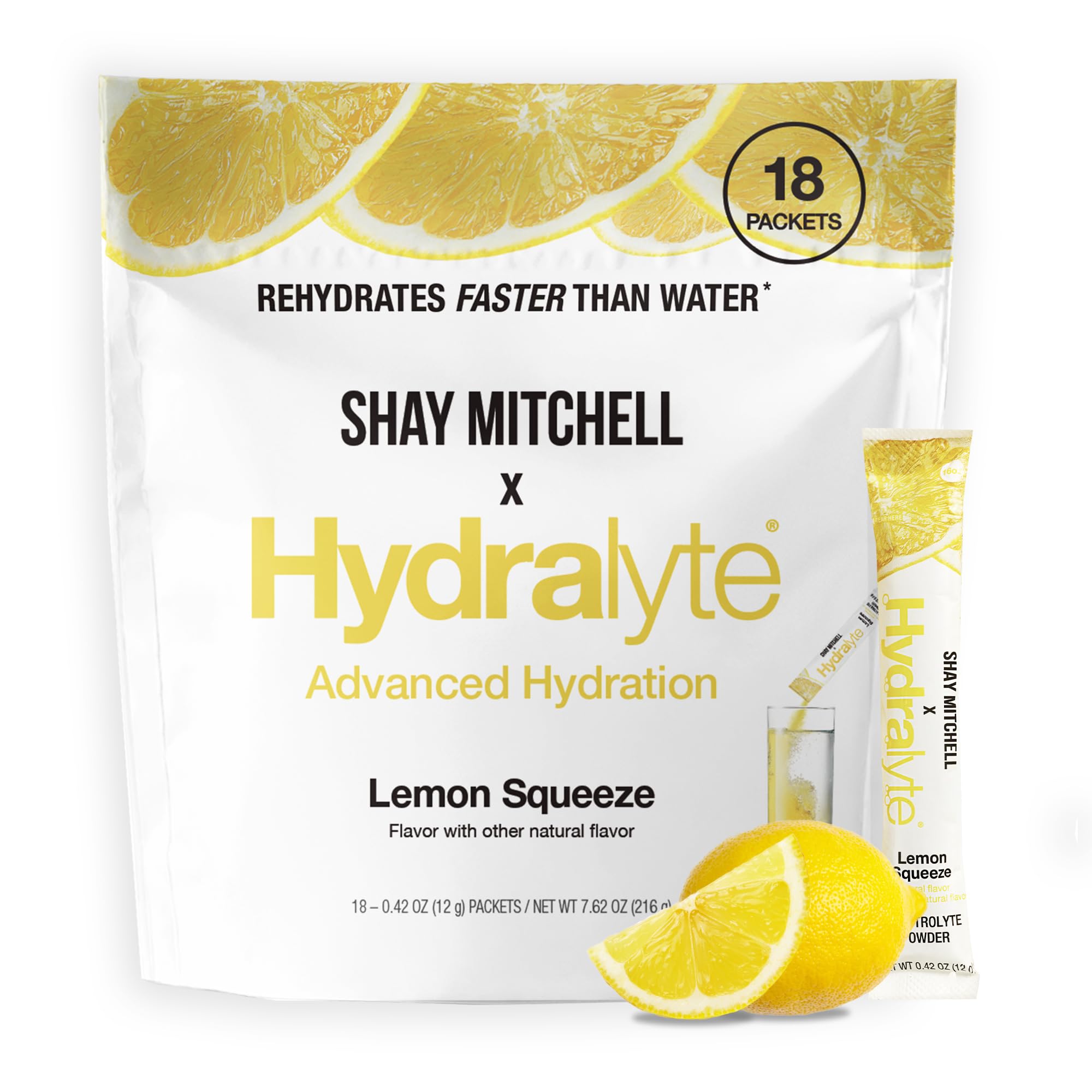 Shay Mitchell HydraLyte Low Sugar Rapid Rehydration - Lightly Sparkling Electrolyte Powder Packets, Lemon Squeeze | Travel Essential - Workout Essential - Recovery Powder (18 Count)