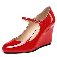 WAYDERNS Womens Patent Round Toe Buckle Fashion Adjustable Strap Mary Jane Dating Wedge High Heel Pumps Shoes 3.3 Inch