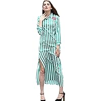2017 Spring Summer Fashion Print Striped Green Turn-Down Collar Embroidery Flower Split Women Long Shirt Dress