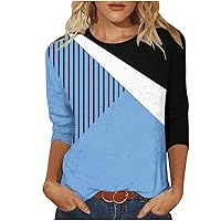 Crew Neck T Shirts for Women 3/4 Sleeve Shirts Trendy Striped Geometric Color Block Tops Soft Comfy Pullover Tunic Tee Shirts